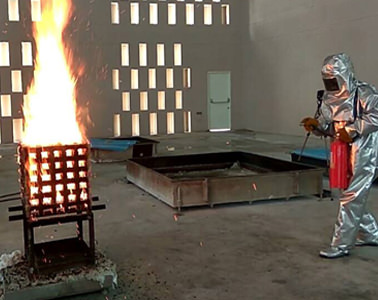 Class A crib fire test underway at FCRC, JAIN (Deemed-to-be University), extinguishing at 40% mass loss.